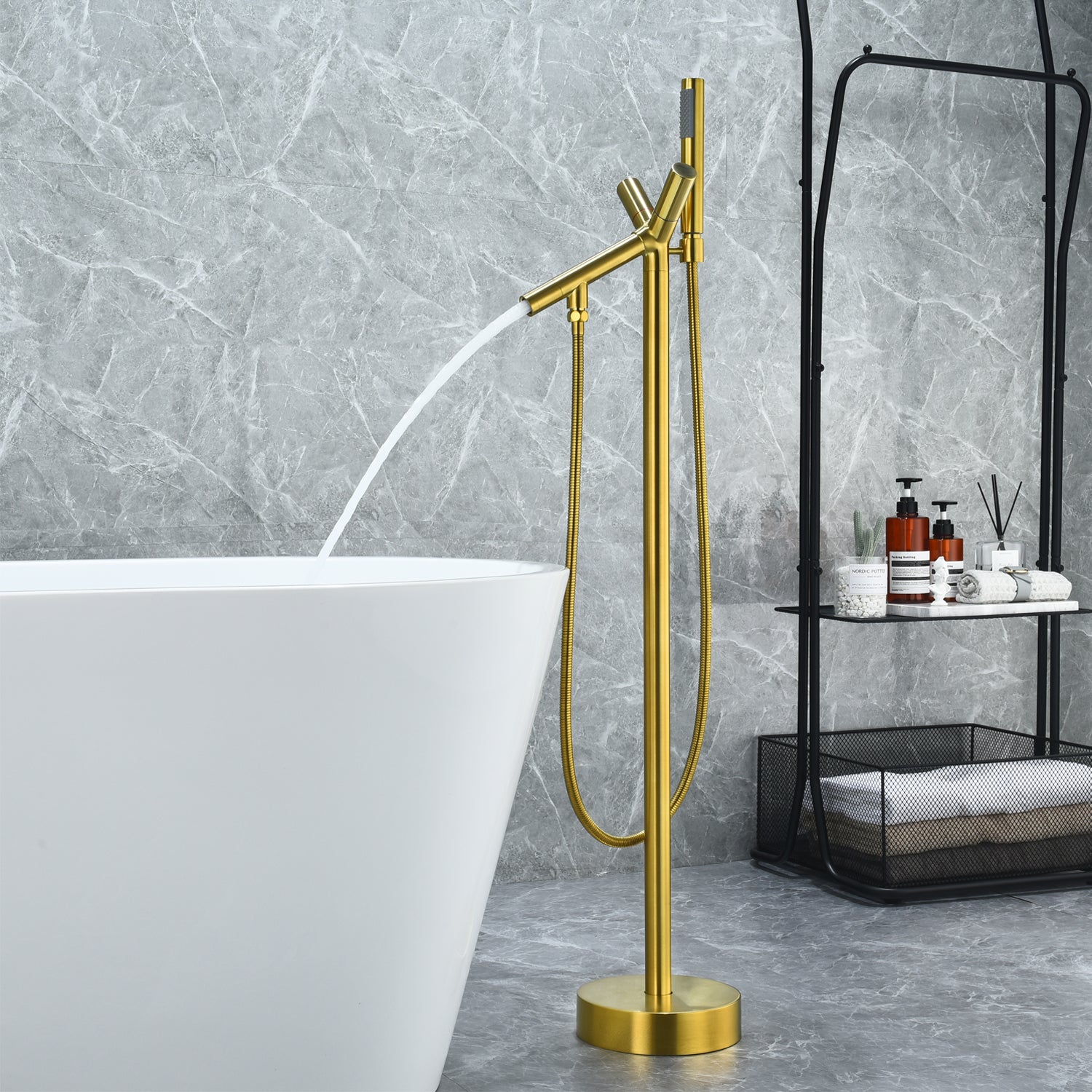 Brulon Double Knob Handle Freestanding Floor Mounted Tub Filler with Handshower