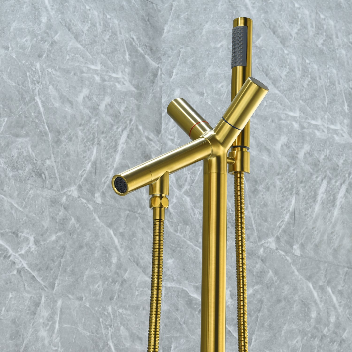 Brulon Double Knob Handle Freestanding Floor Mounted Tub Filler with Handshower