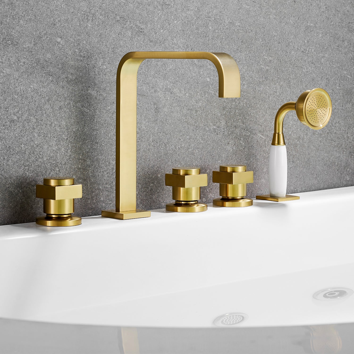 Vikran Triple Handle Deck-Mount Roman Tub Faucet Trim with Handshower