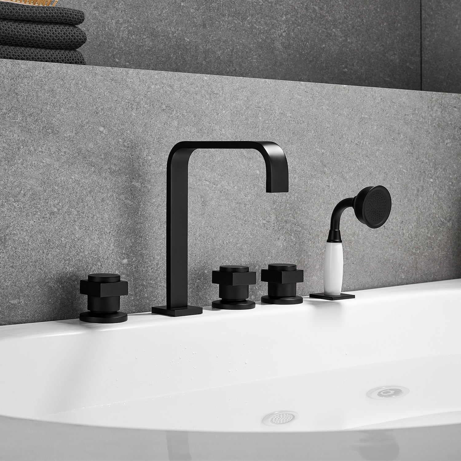 Vikran Triple Handle Deck-Mount Roman Tub Faucet Trim with Handshower