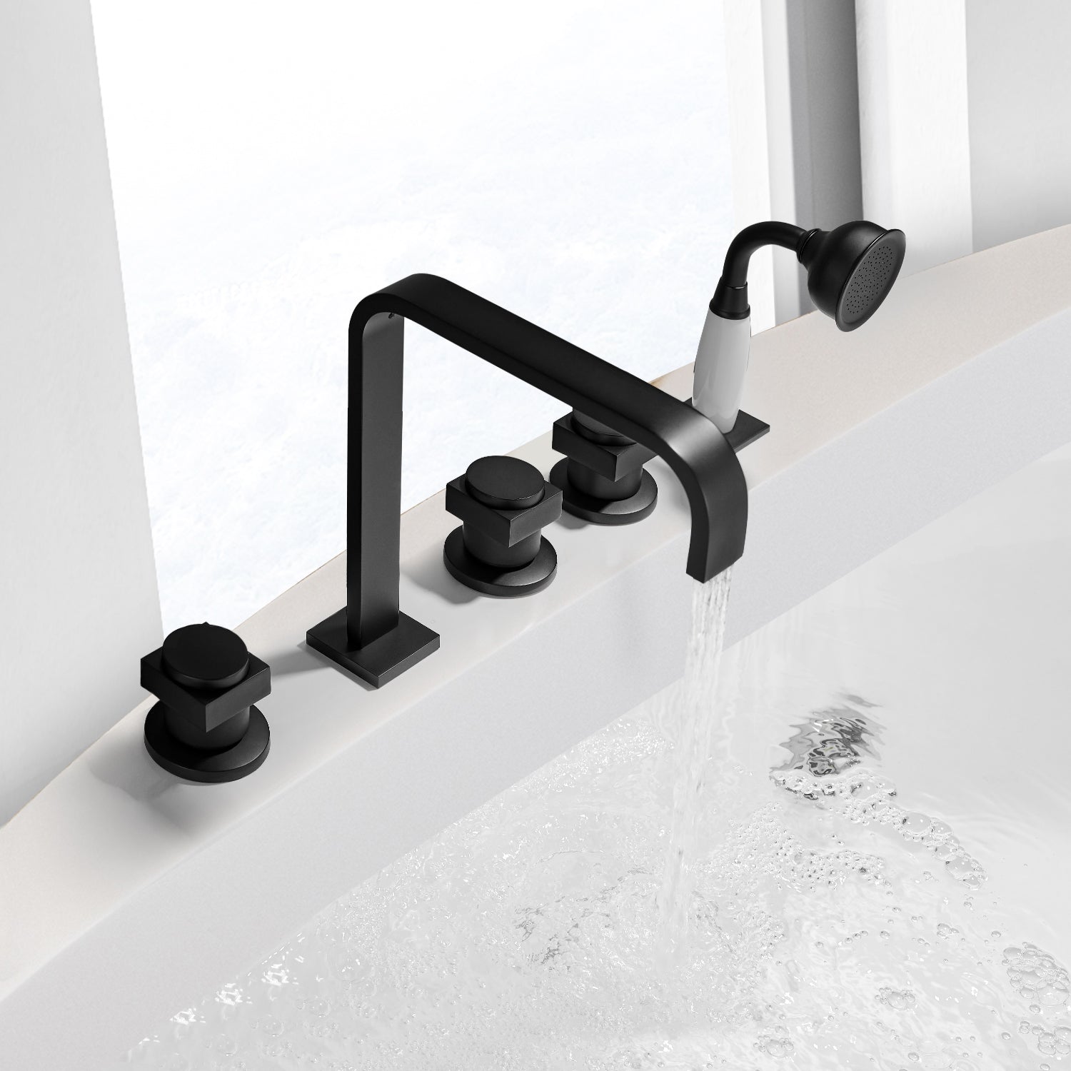 Vikran Triple Handle Deck-Mount Roman Tub Faucet Trim with Handshower