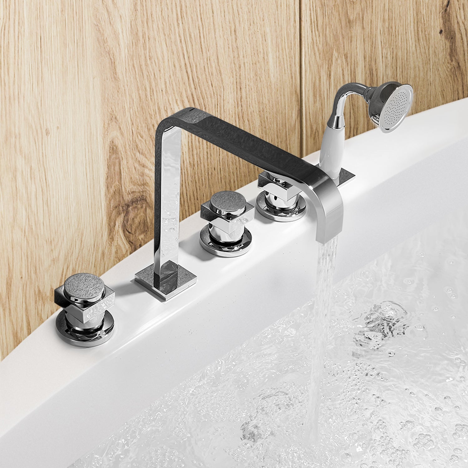 Vikran Triple Handle Deck-Mount Roman Tub Faucet Trim with Handshower
