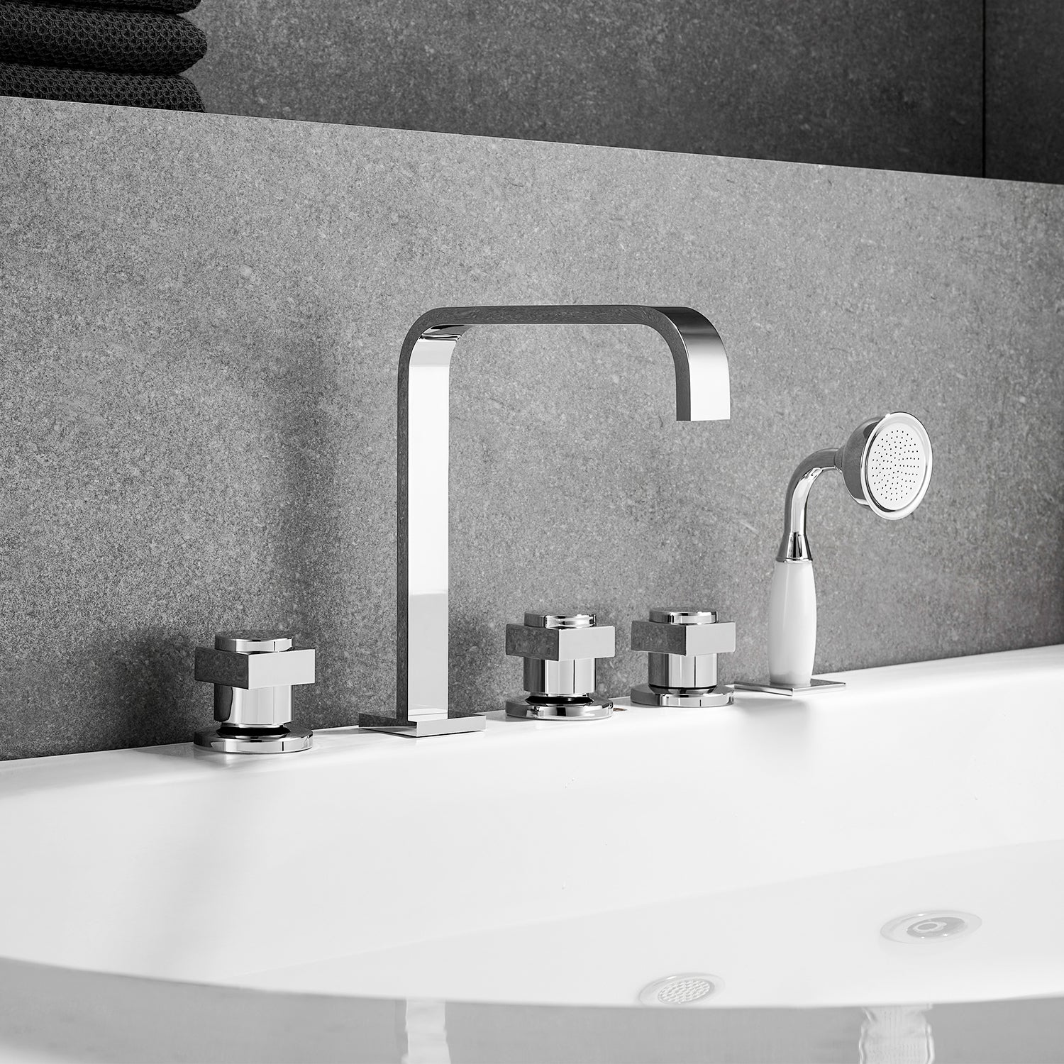 Vikran Triple Handle Deck-Mount Roman Tub Faucet Trim with Handshower