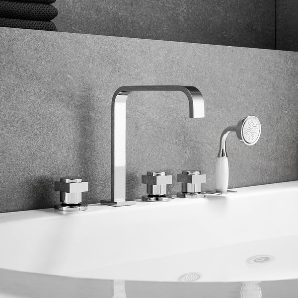 Vikran Triple Handle Deck-Mount Roman Tub Faucet Trim with Handshower
