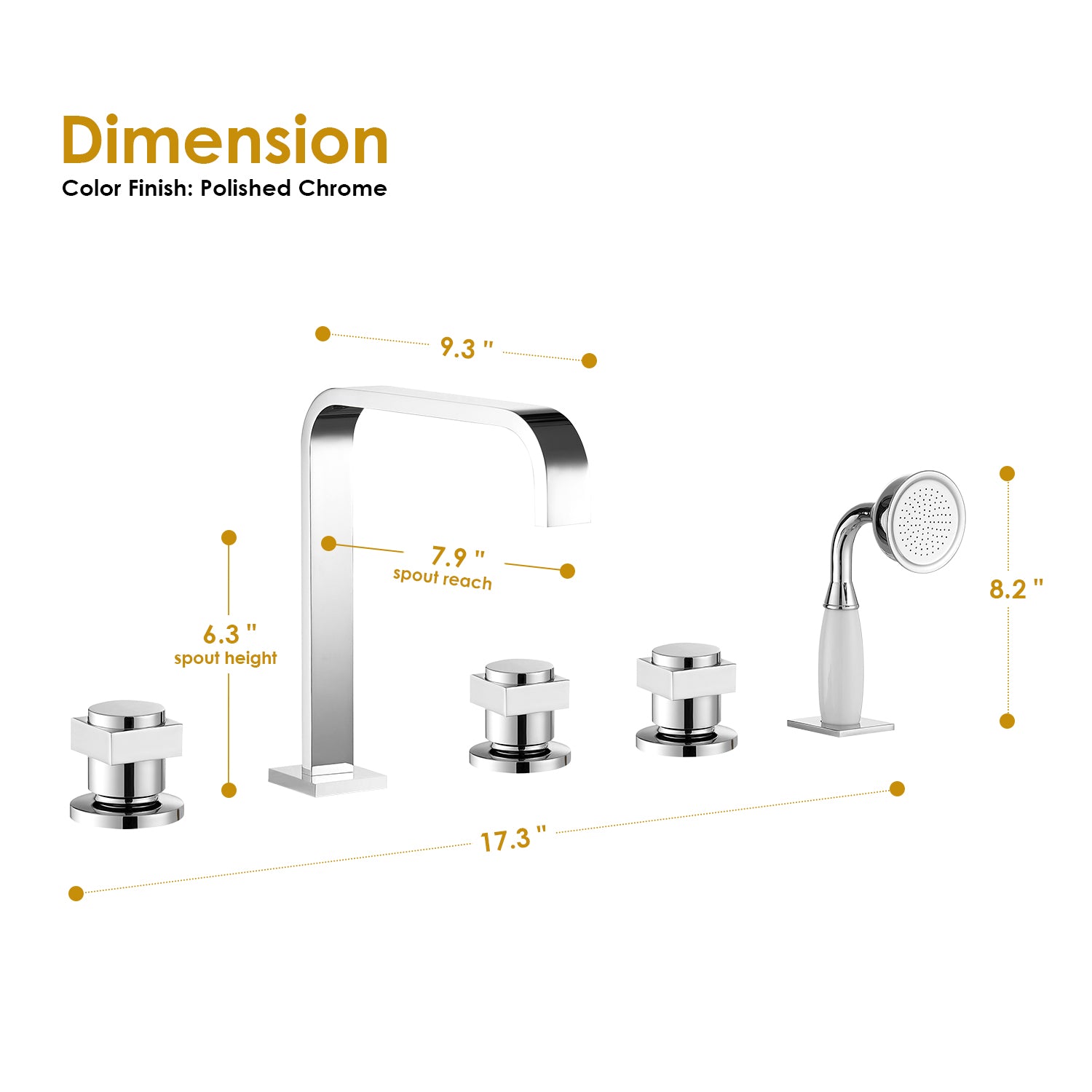 Vikran Triple Handle Deck-Mount Roman Tub Faucet Trim with Handshower