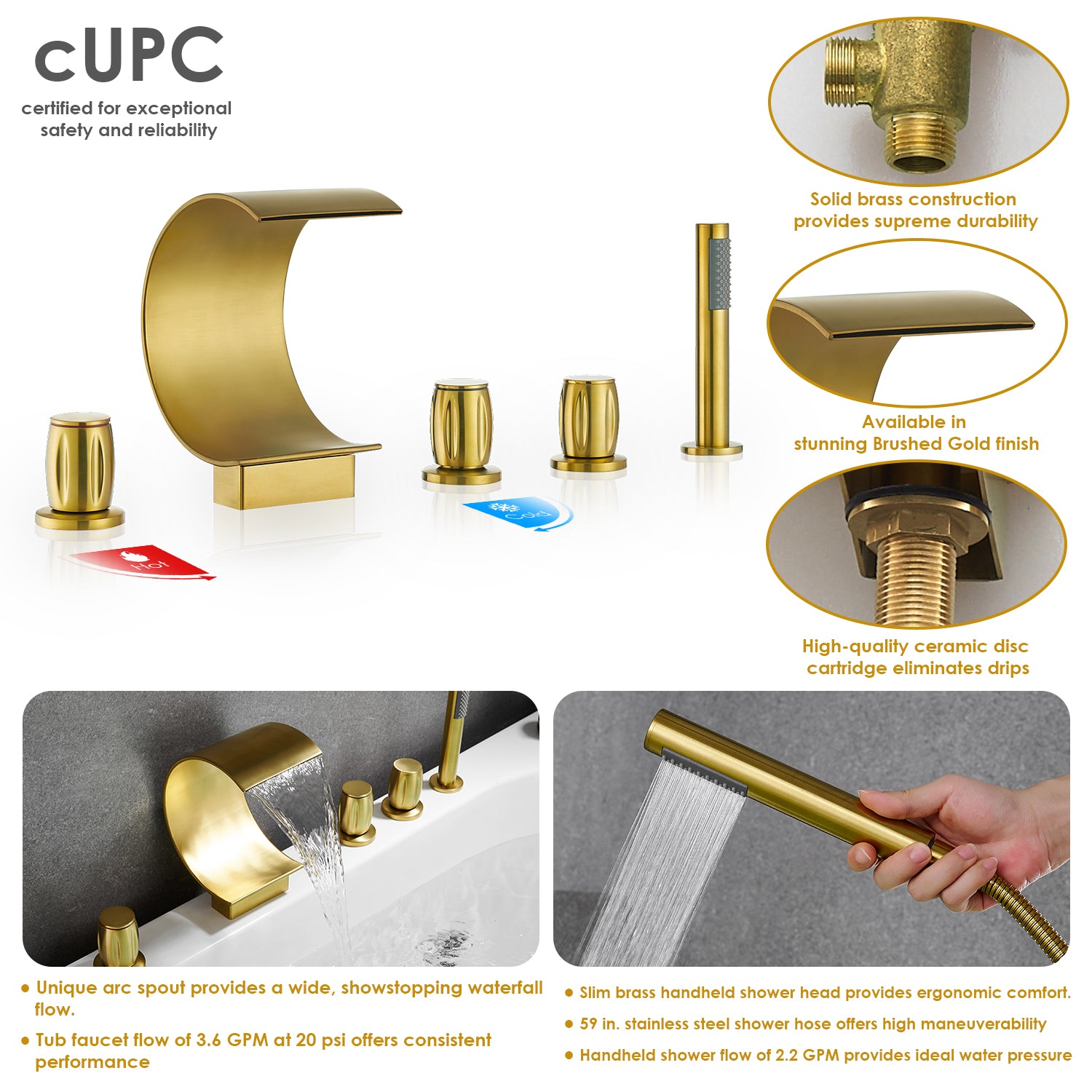 Recea Triple Handle Deck-Mount Roman Tub Faucet with Diverter and Handshower