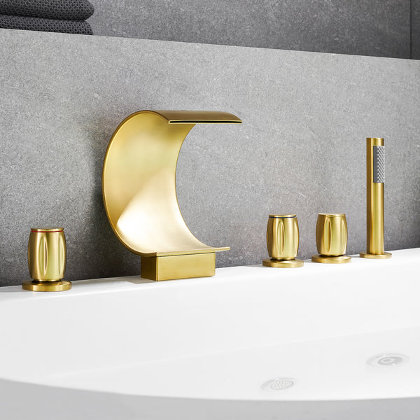 Recea Triple Handle Deck-Mount Roman Tub Faucet with Diverter and Handshower