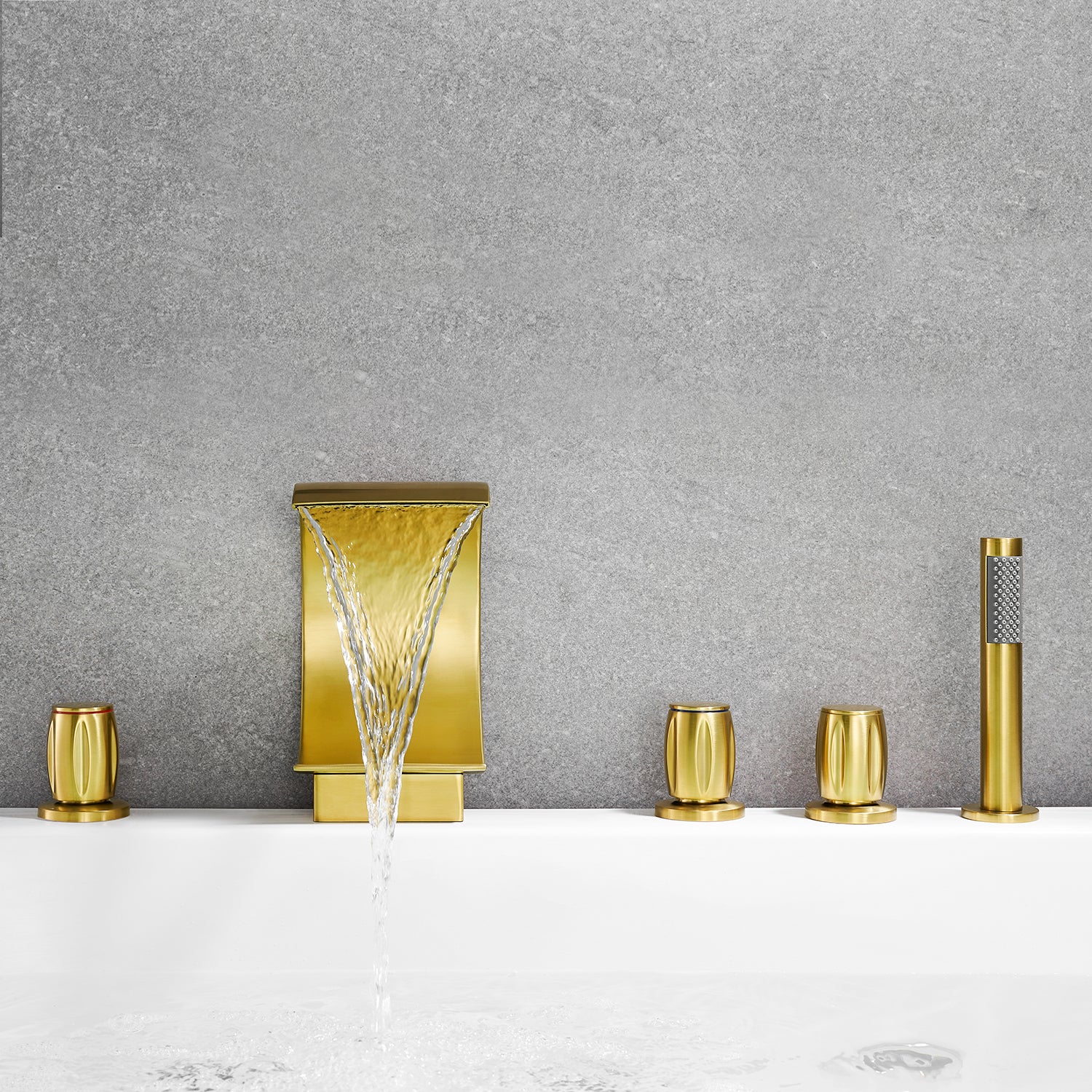 Recea Triple Handle Deck-Mount Roman Tub Faucet with Diverter and Handshower
