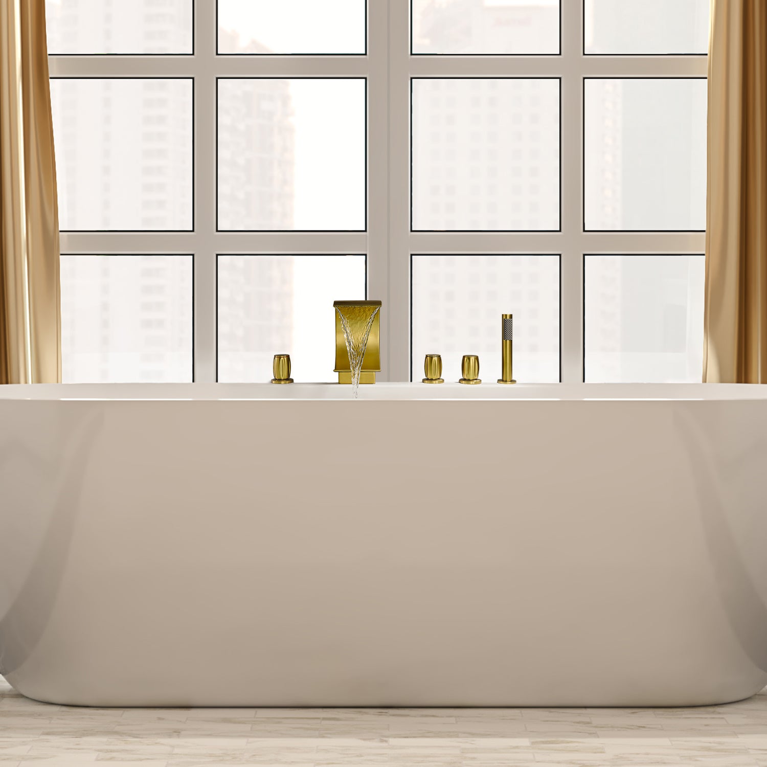 Recea Triple Handle Deck-Mount Roman Tub Faucet with Diverter and Handshower