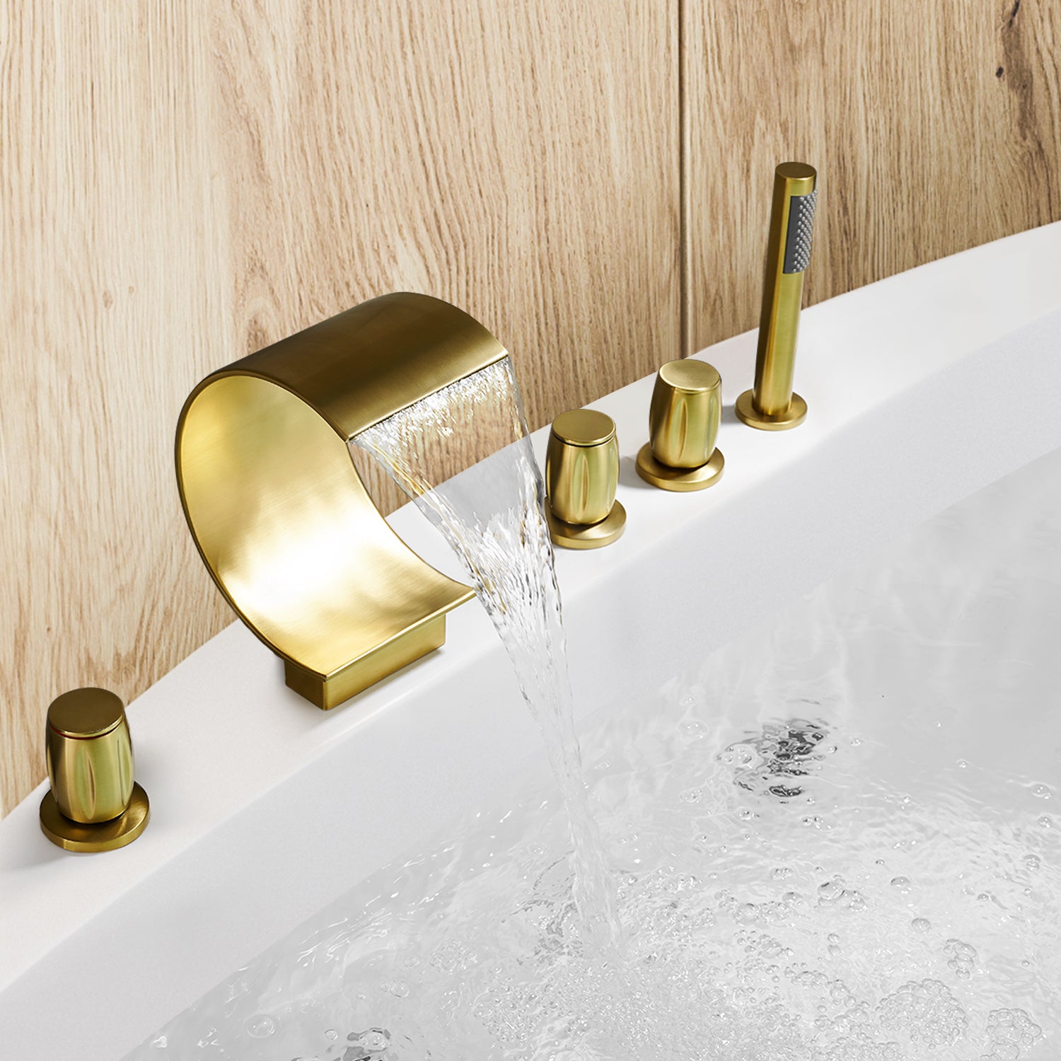 Recea Triple Handle Deck-Mount Roman Tub Faucet with Diverter and Handshower