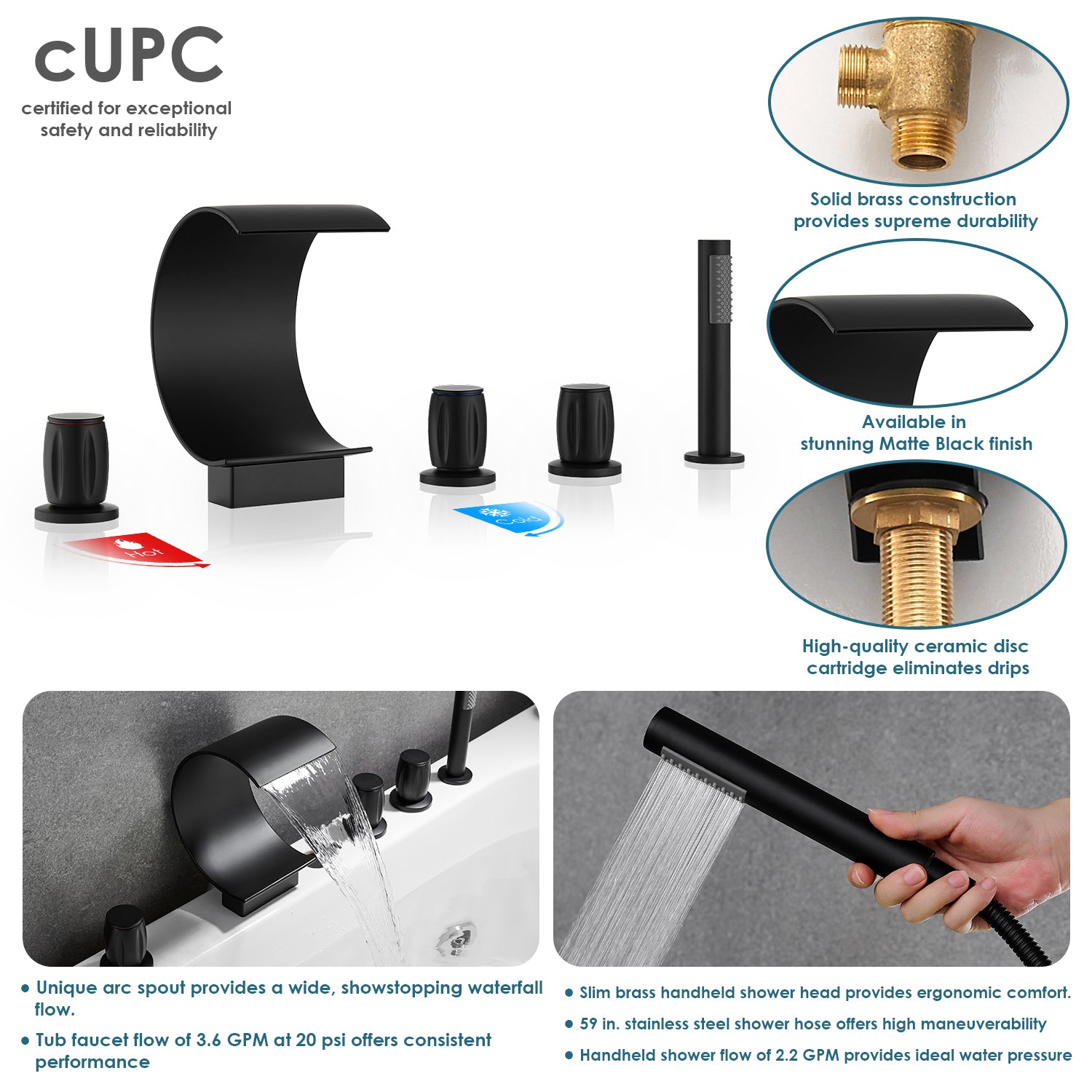 Recea Triple Handle Deck-Mount Roman Tub Faucet with Diverter and Handshower