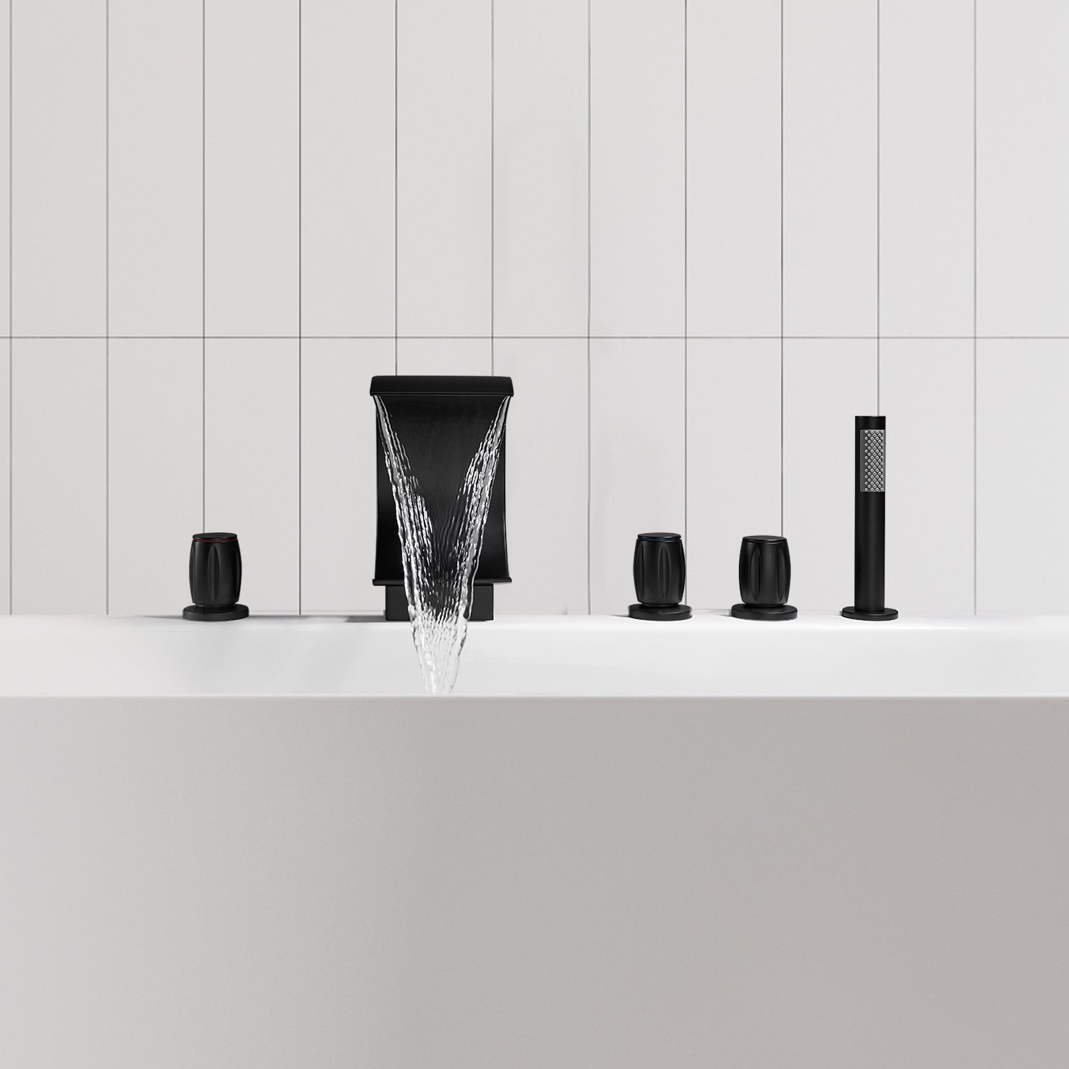 Recea Triple Handle Deck-Mount Roman Tub Faucet with Diverter and Handshower
