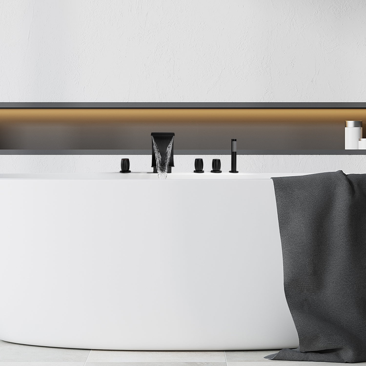 Recea Triple Handle Deck-Mount Roman Tub Faucet with Diverter and Handshower