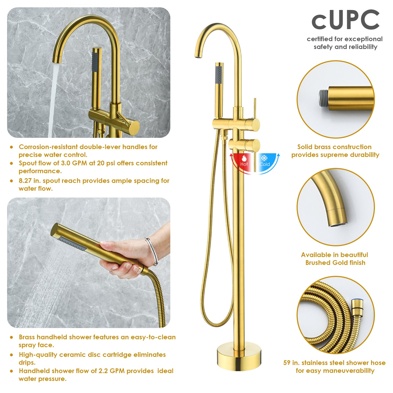Assens Double Lever Handle Freestanding Floor Mounted Tub Filler with Handshower