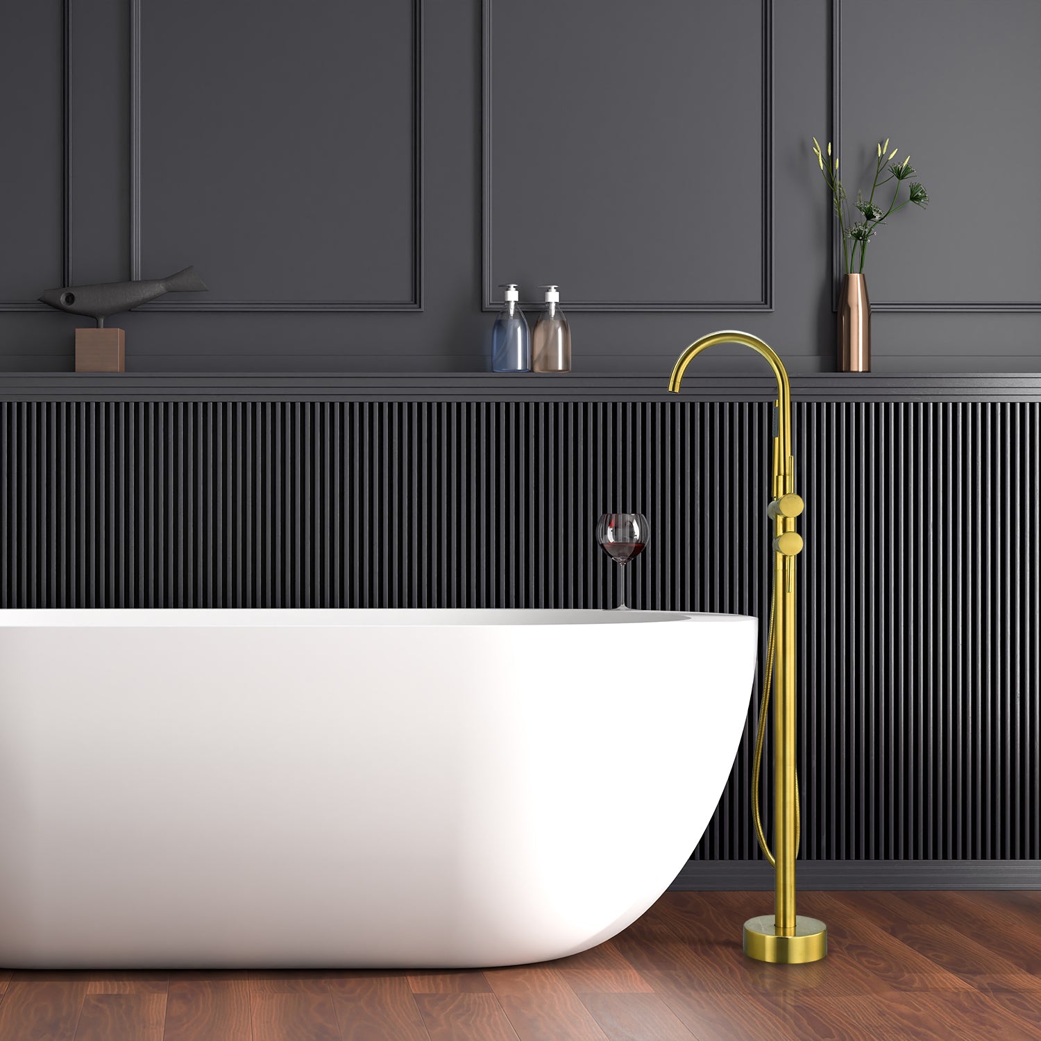 Assens Double Lever Handle Freestanding Floor Mounted Tub Filler with Handshower