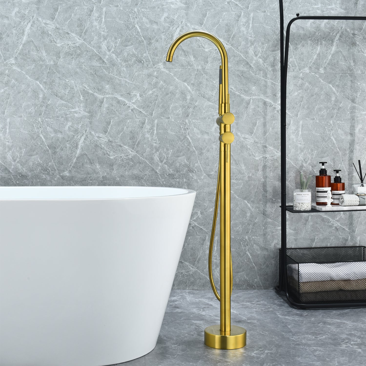 Assens Double Lever Handle Freestanding Floor Mounted Tub Filler with Handshower