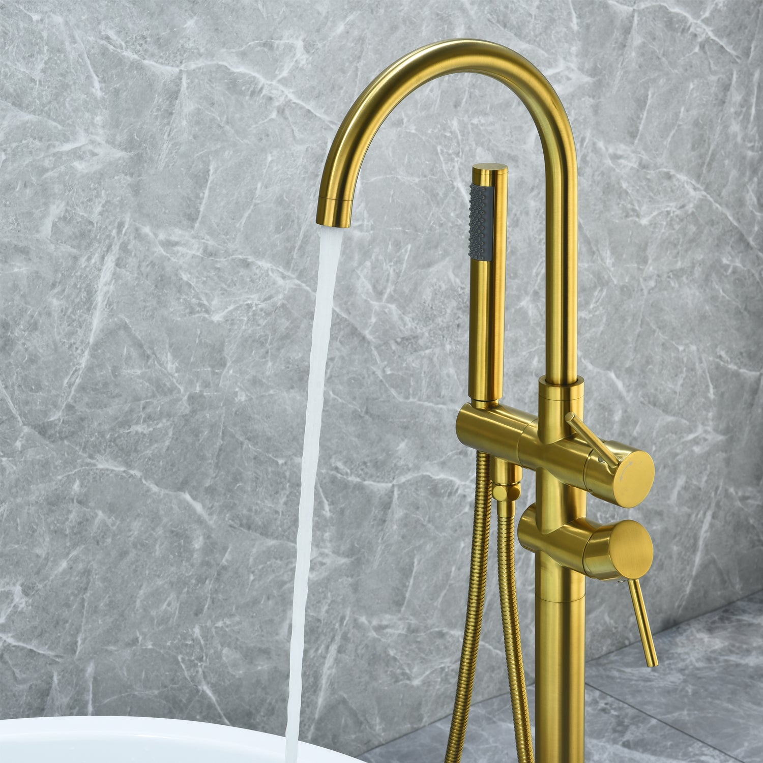 Assens Double Lever Handle Freestanding Floor Mounted Tub Filler with Handshower