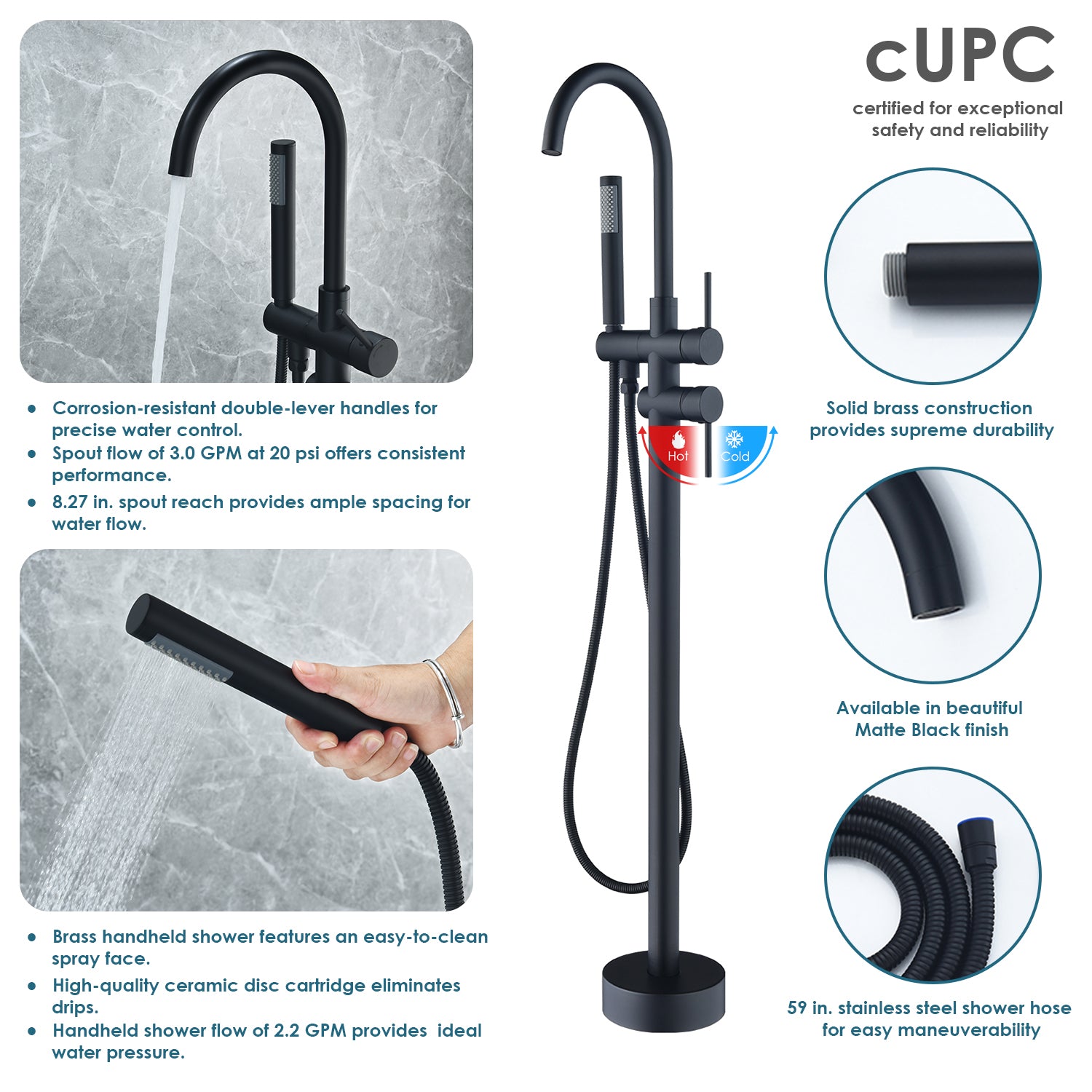 Assens Double Lever Handle Freestanding Floor Mounted Tub Filler with Handshower